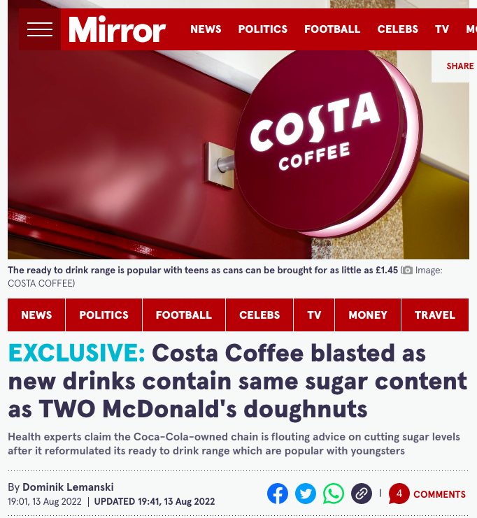 Costa即饮咖啡含糖量悄然攀升,专家批评与健康减糖趋势相悖 Costa即饮咖啡含糖量悄然攀升,专家批评与健康减糖趋势相悖