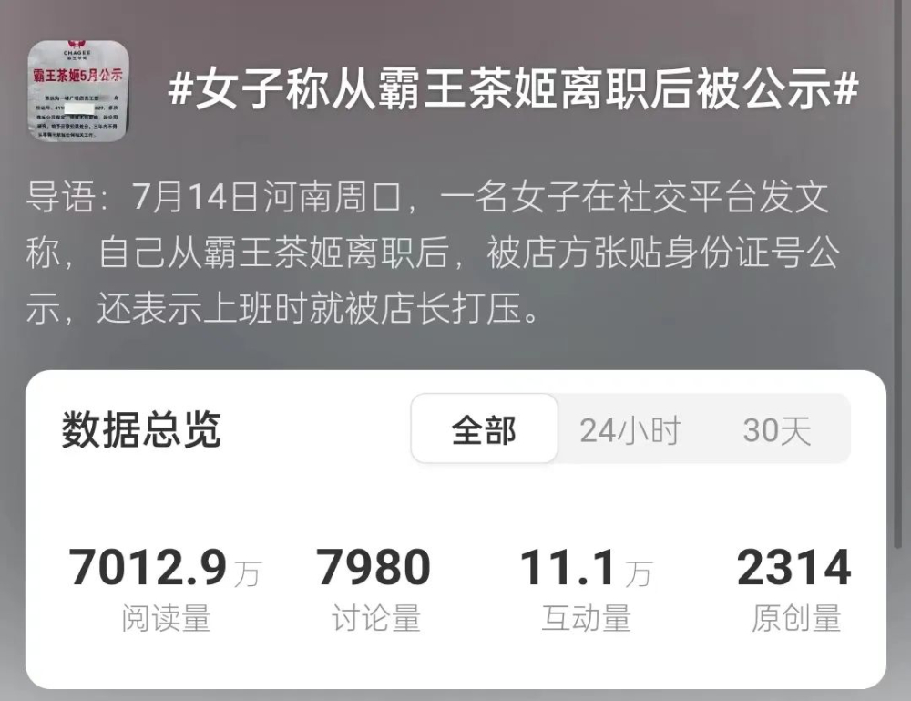 霸王茶姬离职员工身份证号遭公示,涉事店长已被停职处理 霸王茶姬离职员工身份证号遭公示,涉事店长已被停职处理