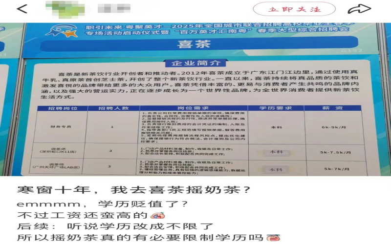 喜茶调茶师招聘要求本科学历引热议，门店回应称晋升不唯学历