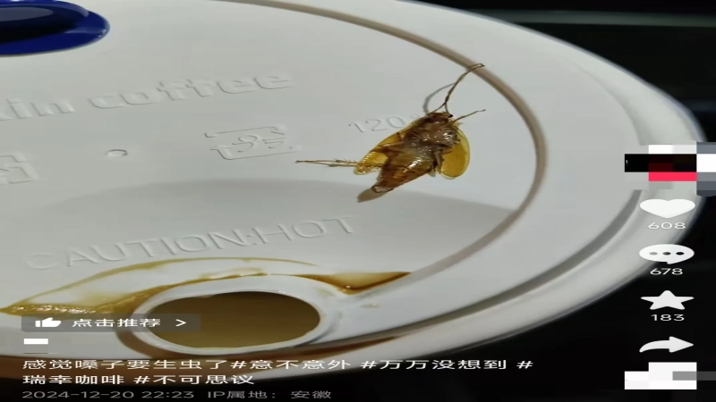 瑞幸咖啡饮品中被指喝出蟑螂异物，消费者投诉要求核查门店卫生状况