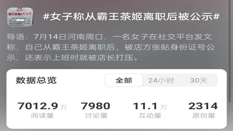 霸王茶姬离职员工身份证号遭公示，涉事店长已被停职处理